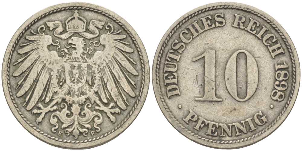ГЕРМАНИЯ 10 ПФЕННИГОВ 1898 F KM 12, J. 13 медно-никель 4401-1044
