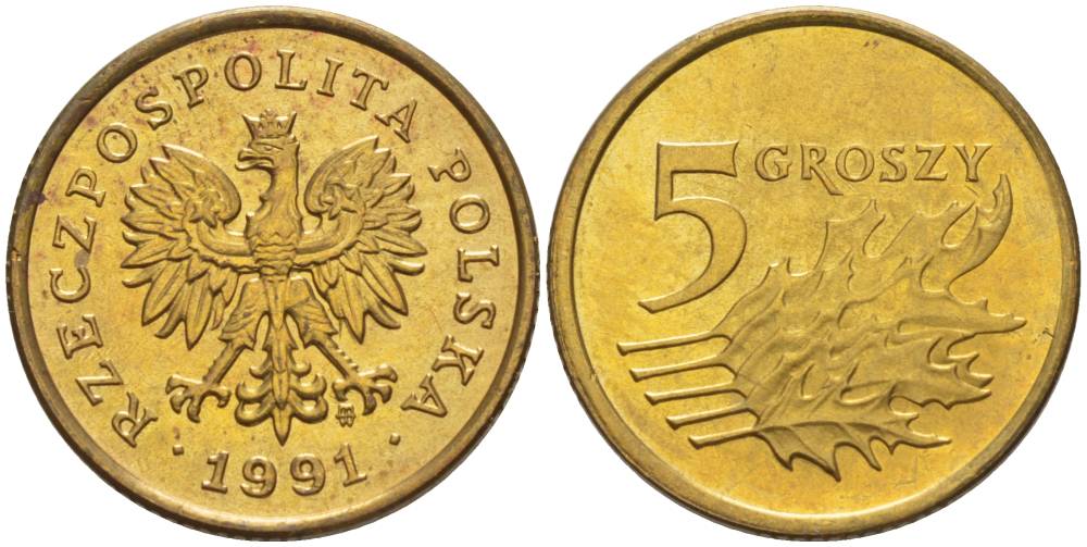 ПОЛЬША 5 ГРОШЕЙ 1991 MW KM 278 латунь 4528-825