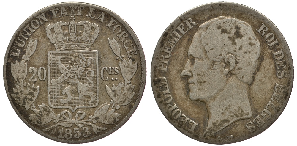 БЕЛЬГИЯ 20 САНТИМОВ 1853 BELGES, W/O PERIODS KM 19 серебро 3896-924