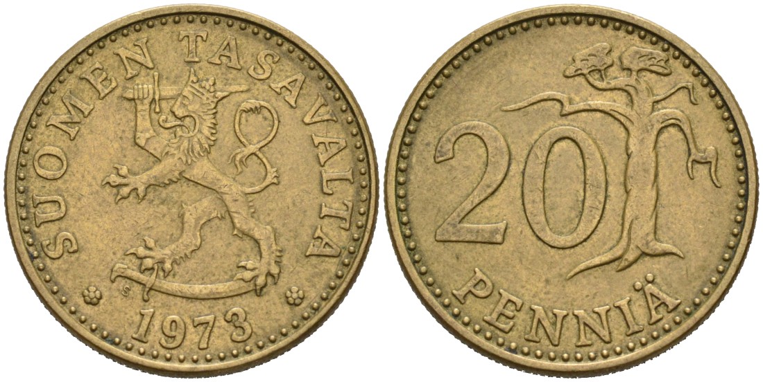 ФИНЛЯНДИЯ 20 ПЕННИ 1973 S KM 47 алюминиевая бронза 4563-317