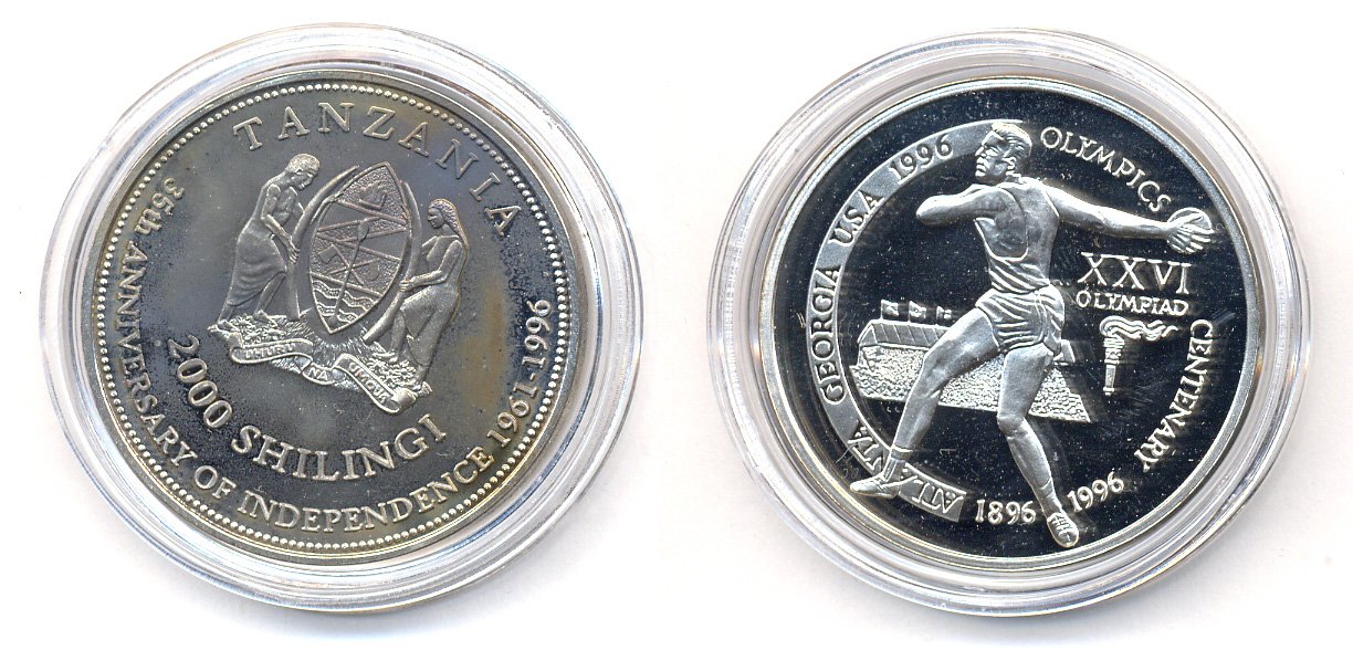 Танзания 2000 шиллингов 1996 XXVI Олимпийские игры 1996 года в Атланте, 100 лет Олимпийскому движению, дискобол, пробник, гладкий гурт серебро PROOF 06-157-35