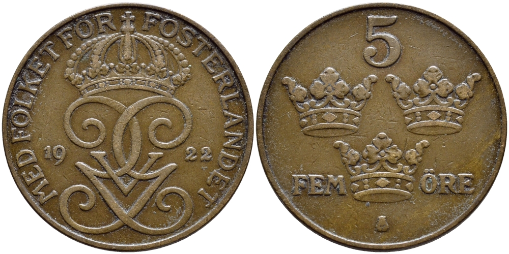Швеция 5 эре 1922 Густав V (1907-1950) KM 779.2 бронза 4394-846