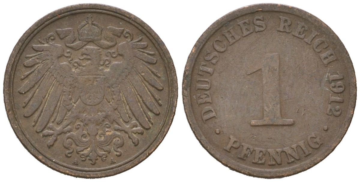 Германия 1 пфенниг 1912 A, Вильгельм II (1888-1918) KM 10, J. 10 медь 4615-718