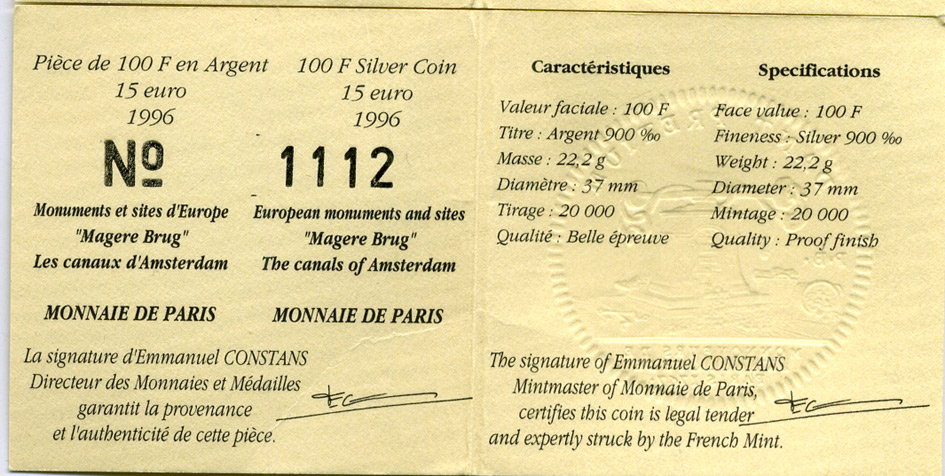 Франция 100 франков - 15 евро 1996 серия архитектурные монументы Европы, Магере-Брюг в Амстердаме, разводной мост через реку Амстел, в коробке с сертификатом KM 1156 серебро PROOF 5-6-1-42