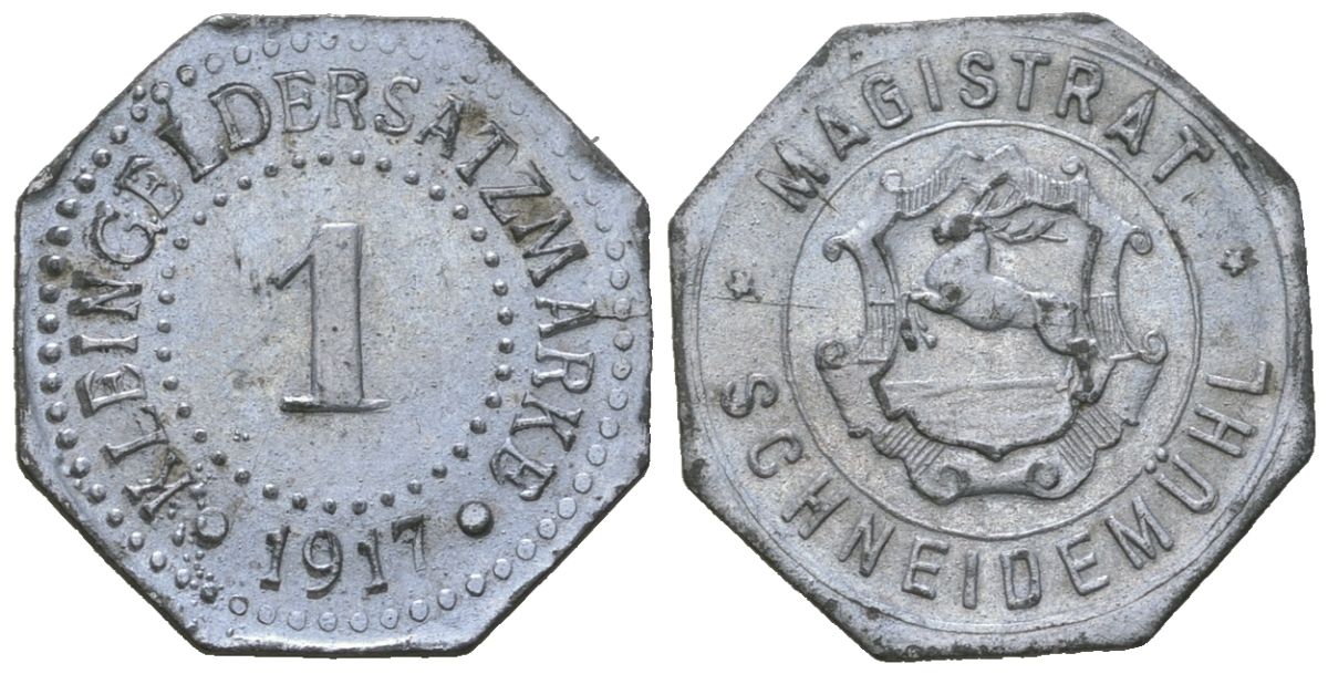 Шнайдемюль (Пруссия, Позен) 1 пфеннингов 1917 Funck 480.6, Men18 28523.8, Men18?28523.9 цинк aUNC 1515-223