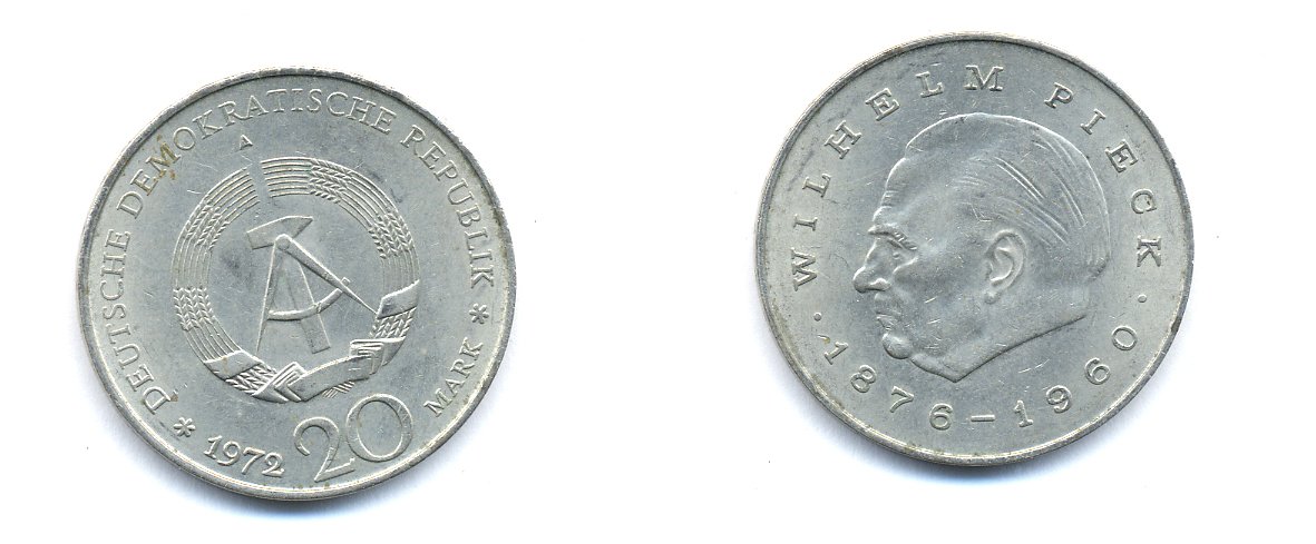 ГДР 20 марок 1972 А, Вильгельм Пик (1876-1960) KM 42 медно-никель 3333-336