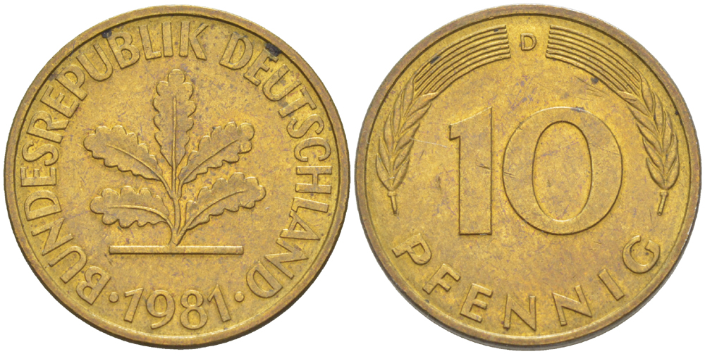 ФРГ 10 ПФЕННИГОВ 1981 D KM 108, J. 383 сталь плакированная латунью 4182-923