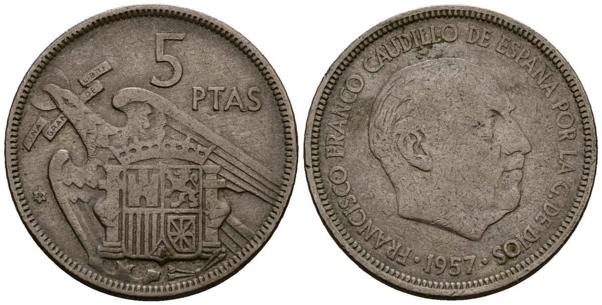 Испания 5 песет 1957 Франсиско Франко (1939-1975) KM 786 медно-никель 4176-444