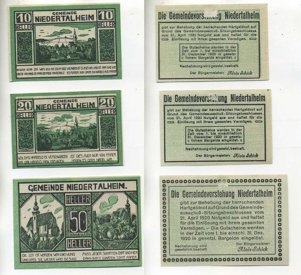АВСТРИЯ НАБОР ИЗ 3 БАНКНОТ 1920 21 АПРЕЛЯ 1920-31 ДЕКАБРЯ 1920, НОТГЕЛЬД, 10, 20, 50 ГЕЛЛЕРОВ, NIEDERTALHEIM, ЗЕЛЕНЫЕ бумага XF 6278-21-2