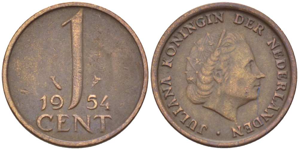 Нидерланды 1 цент 1954 Юлиана (1949-1980) KM 180 бронза 3955-115