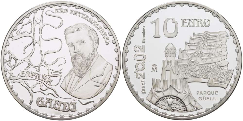 Испания 10 евро 2002 150 лет со дня рождения Антонио Гауди, Парк Гуэль KM 1084 серебро PROOF 1078-6-11