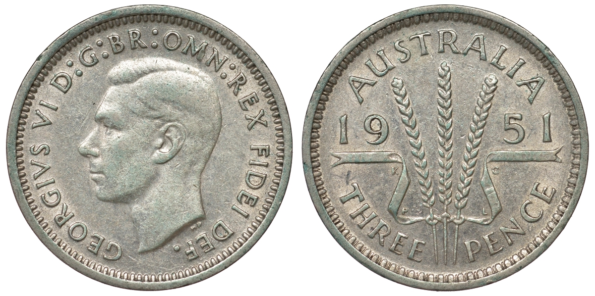 Австралия 3 пенса 1951 m, Георг VI (1937-1952), без букв KM 44 серебро 71-356