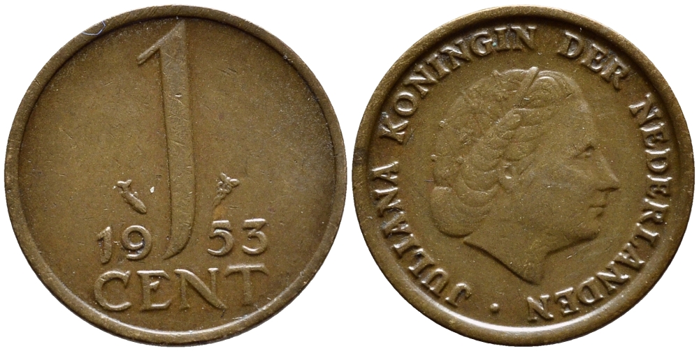 Нидерланды 1 цент 1953 Юлиана (1948-1980) КМ 180 бронза 4392-1354