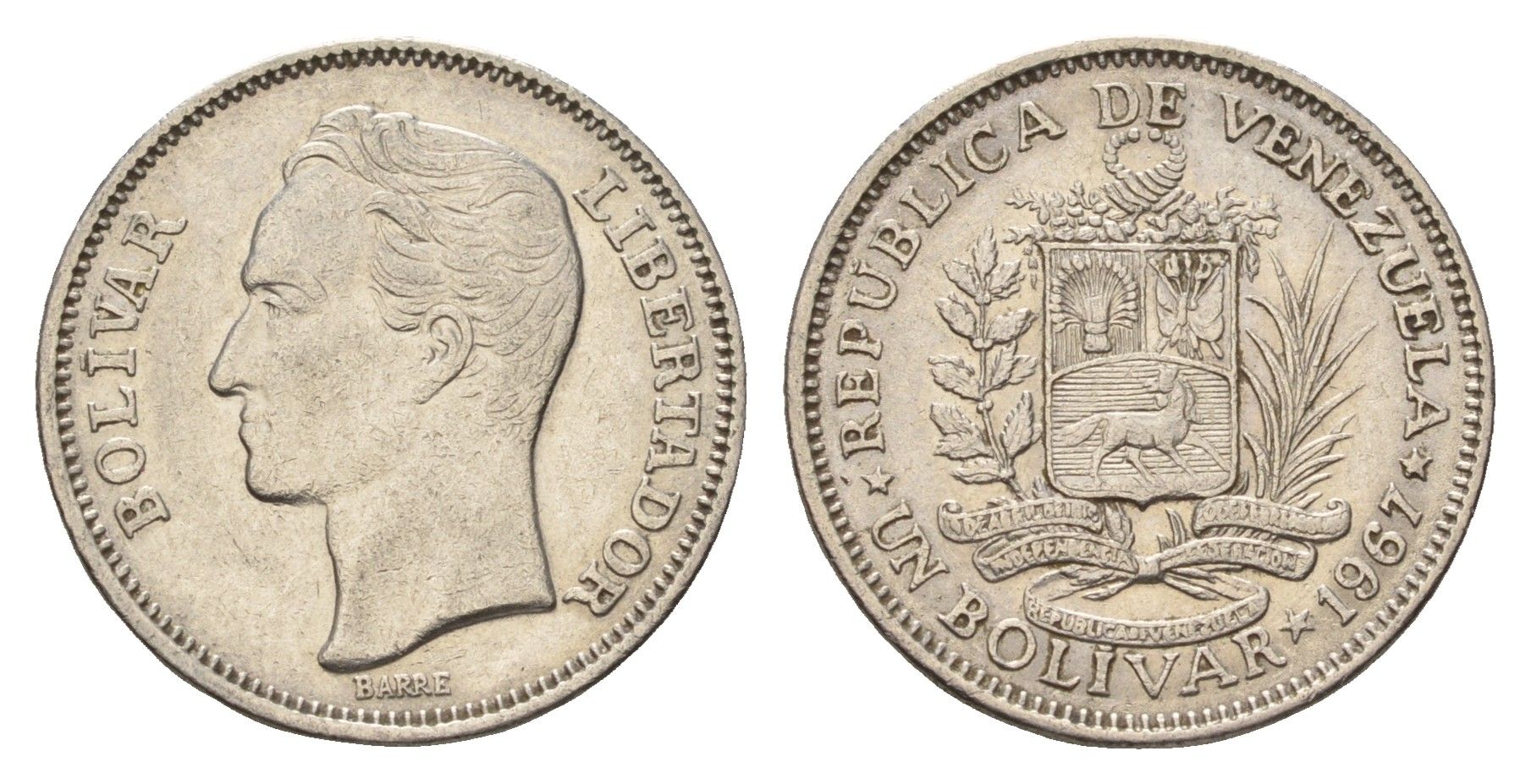 Венесуэла 1 боливар 1967 Симон Боливар, год-тип Y 42 никель 4132-734