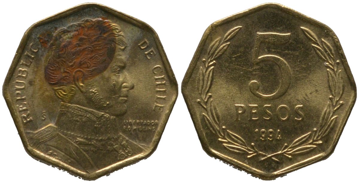 Чили 5 песо 1994 So KM 232, Schon 81 алюминиевая бронза 4387-842