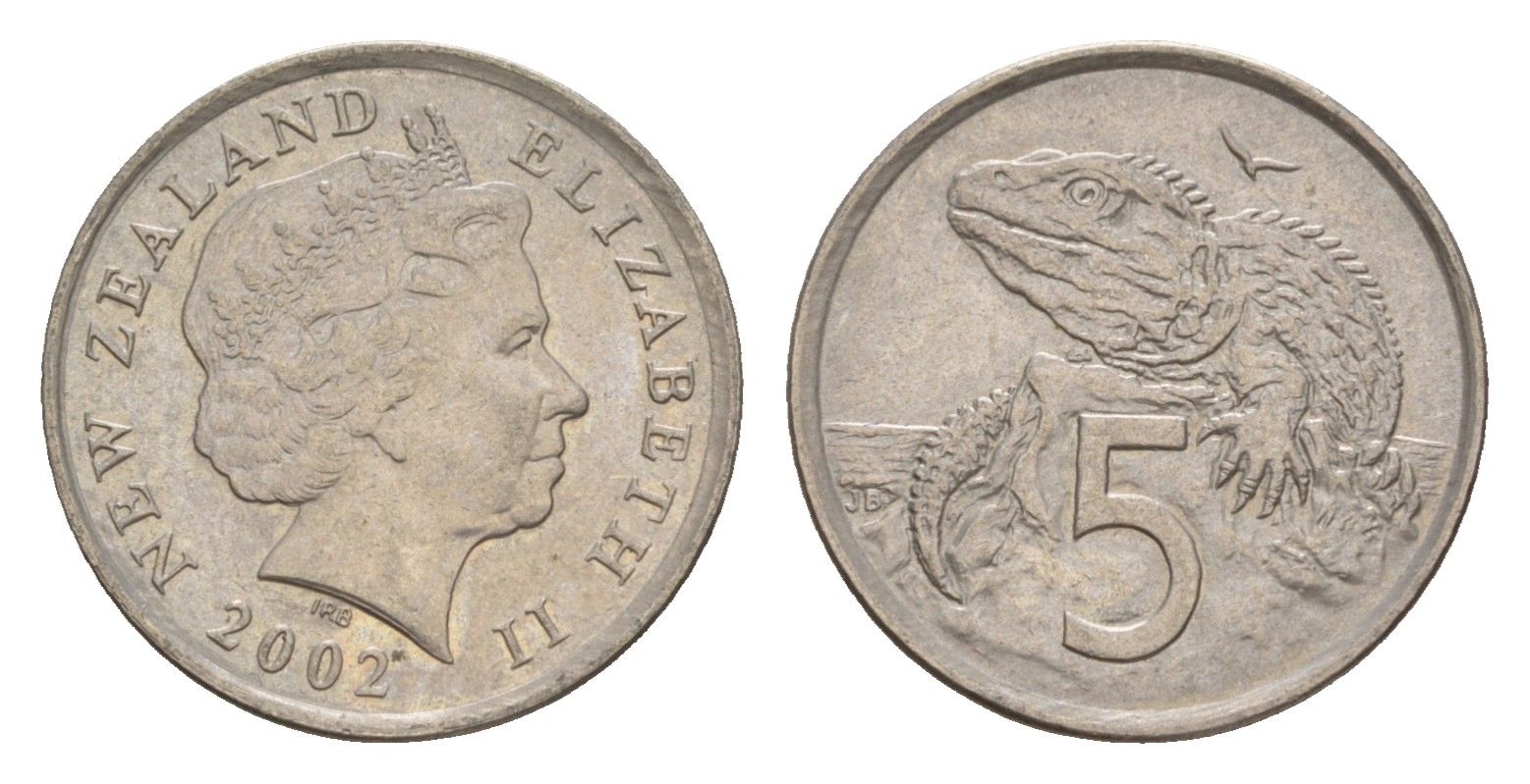 Новая Зеландия 5 центов 2002 Елизавета II (1952-2022), ящерица гаттерия KM 116 медно-никель 4588-419