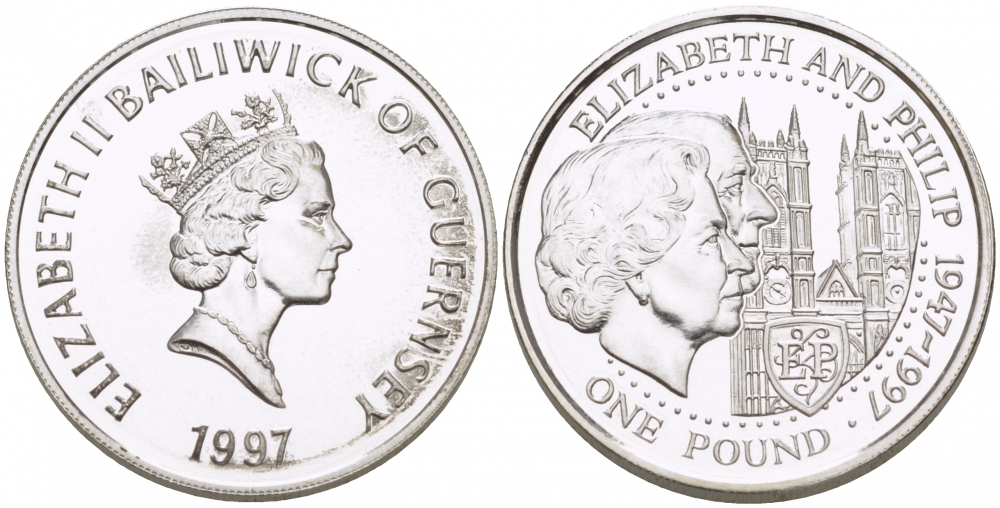 Гернси 1 фунт 1997 Елизавета и Филлип, золотая свадьба KM 70 серебро UNC 650-313