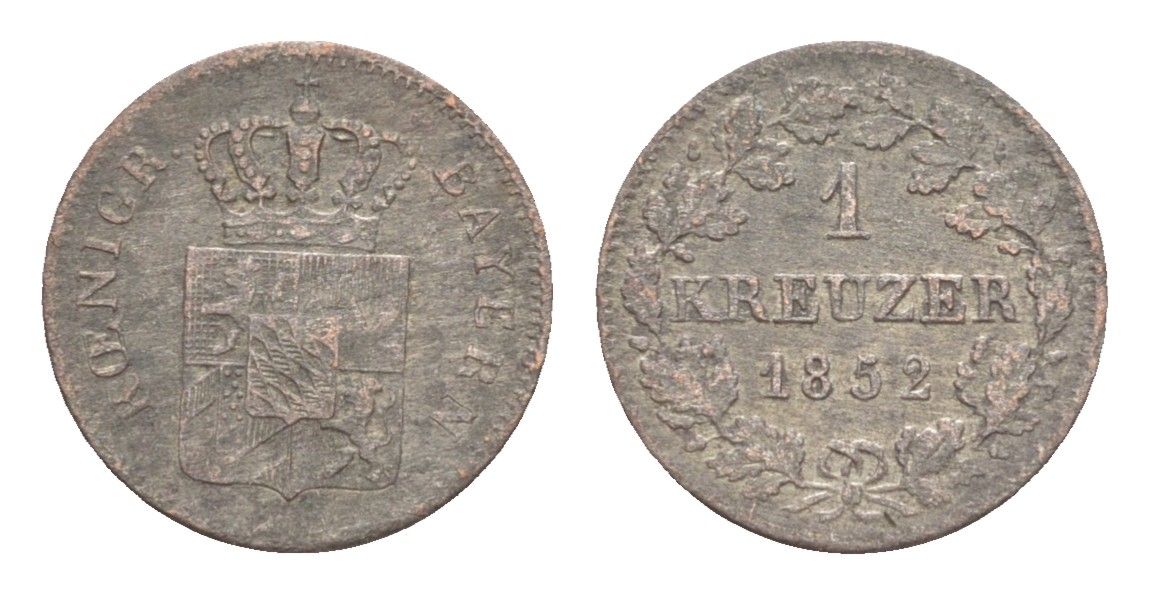 Бавария 1 крейцер 1852 Максимилиан II (1848-1864) KM 799 серебро 4649-444