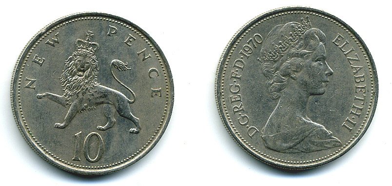 Великобритания 10 пенсов 1970 Елизавета II (1952-2022) KM 912, Spink 4231 (F1) медно-никель  4110-1243