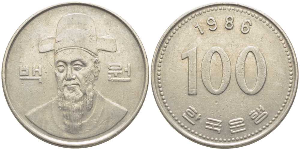 Южная Корея 100 вон 1986 Ли-Сунсин, корейский флотоводец KM 35.2 медно-никель 113-433