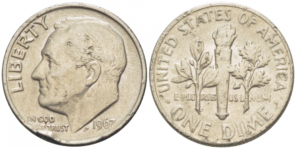 США 10 центов (дайм) 1967 Рузвельт KM 195а медь плакированная медно-никелем 3718-242