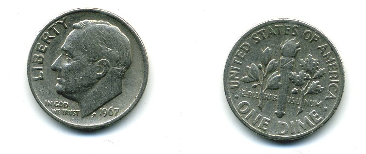 США 10 центов (дайм) 1967 Рузвельт KM 195а медь плакированная медно-никелем 4364-347