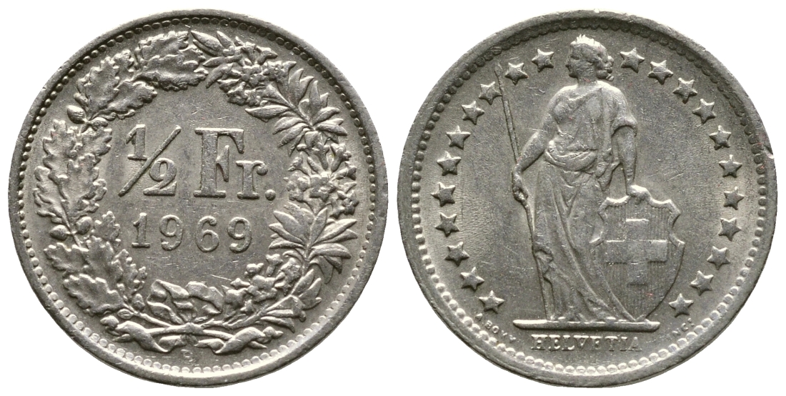 Швейцария 1/2 франка 1969 В KM 23а.1 медно-никель 220-413