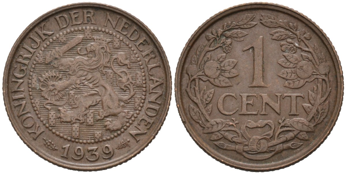 Нидерланды 1 цент 1939 Вильгельмина (1890-1948) KM 152 бронза 4576-743