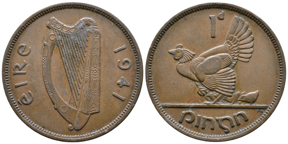 Ирландия 1 пенни 1941 курица с цыплятами KM 11 бронза 4110-213