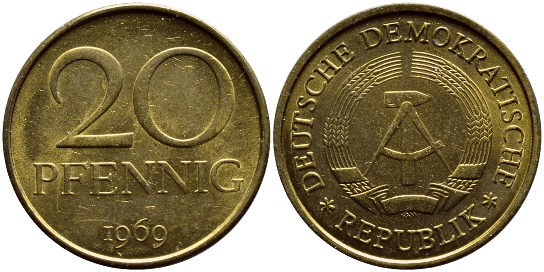 ГДР 20 пфеннигов 1969 А, первый год KM 11 латунь UNC 4397-251