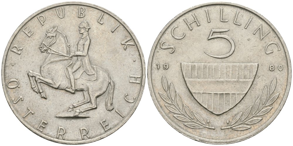 Австрия 5 шиллингов 1980 KM 2889a медно-никель 4579-346