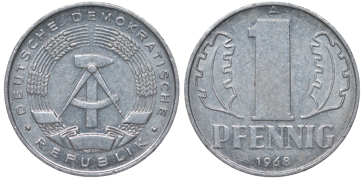 ГДР 1 ПФЕННИГ 1968 А КМ 8.1 алюминий 62-1244