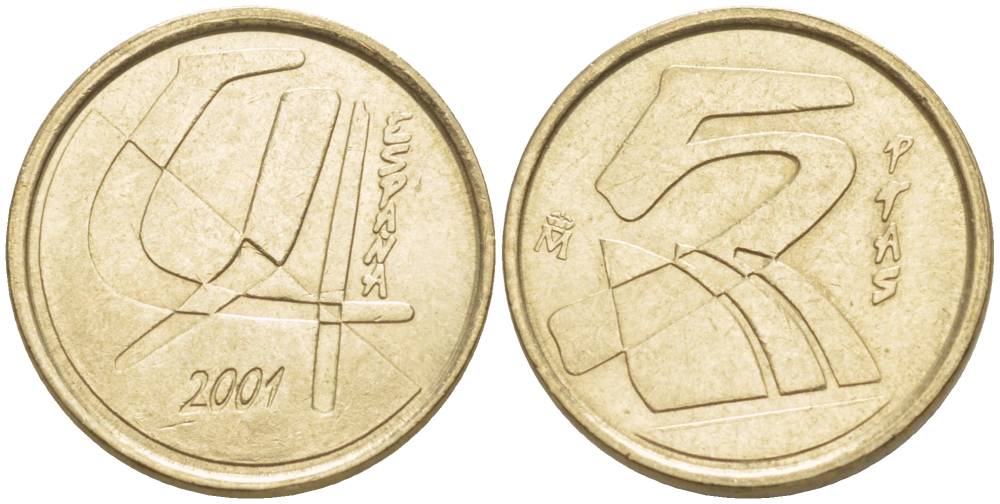 ИСПАНИЯ 5 ПЕСЕТ 2001 ХУАН КАРЛОС I (1975-) KM 833 алюминиевая бронза 4544-234