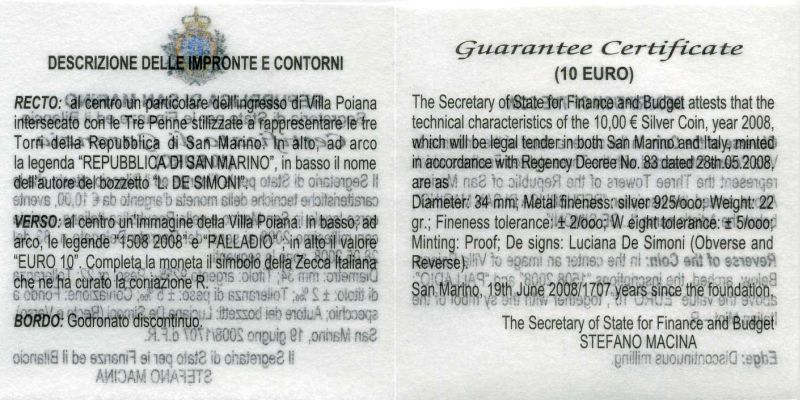 Сан-Марино 10 евро 2008 500 лет Андреа Палладио, в оригинальной коробке, сертификат KM 514 серебро PROOF 4-3-4-37