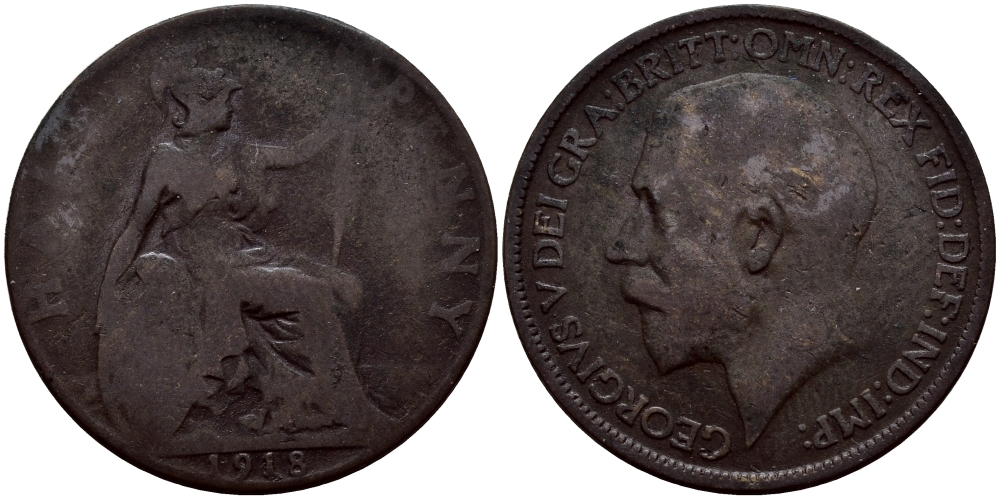 Великобритания 1/2 пенни 1918 Георг V (1910-1936) KM 809, Spink 4056 бронза 51-812