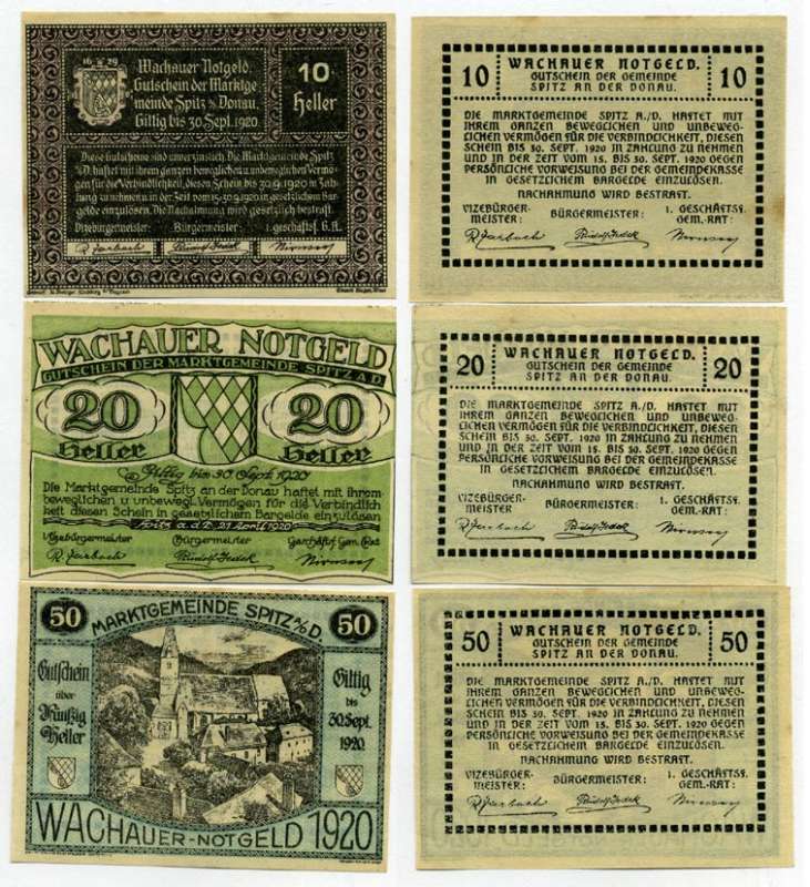 Австрия, Шпиц-ан-дер-Донау набор из 3 банкнот 10, 20, 50 геллеров 1920 30 сентября 1920, нотгельд, земля Нижняя Австрия   бумага  UNC (пресс) 7555-29-3-2