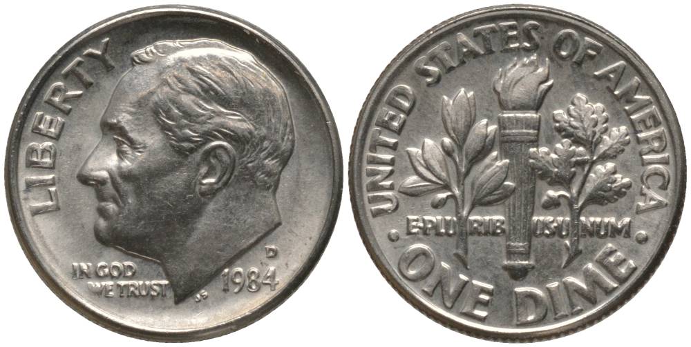 США 10 ЦЕНТОВ = 1 ДАЙМ 1984 D, РУЗВЕЛЬТ KM 195а медь плакированная медно-никелем 4396-244