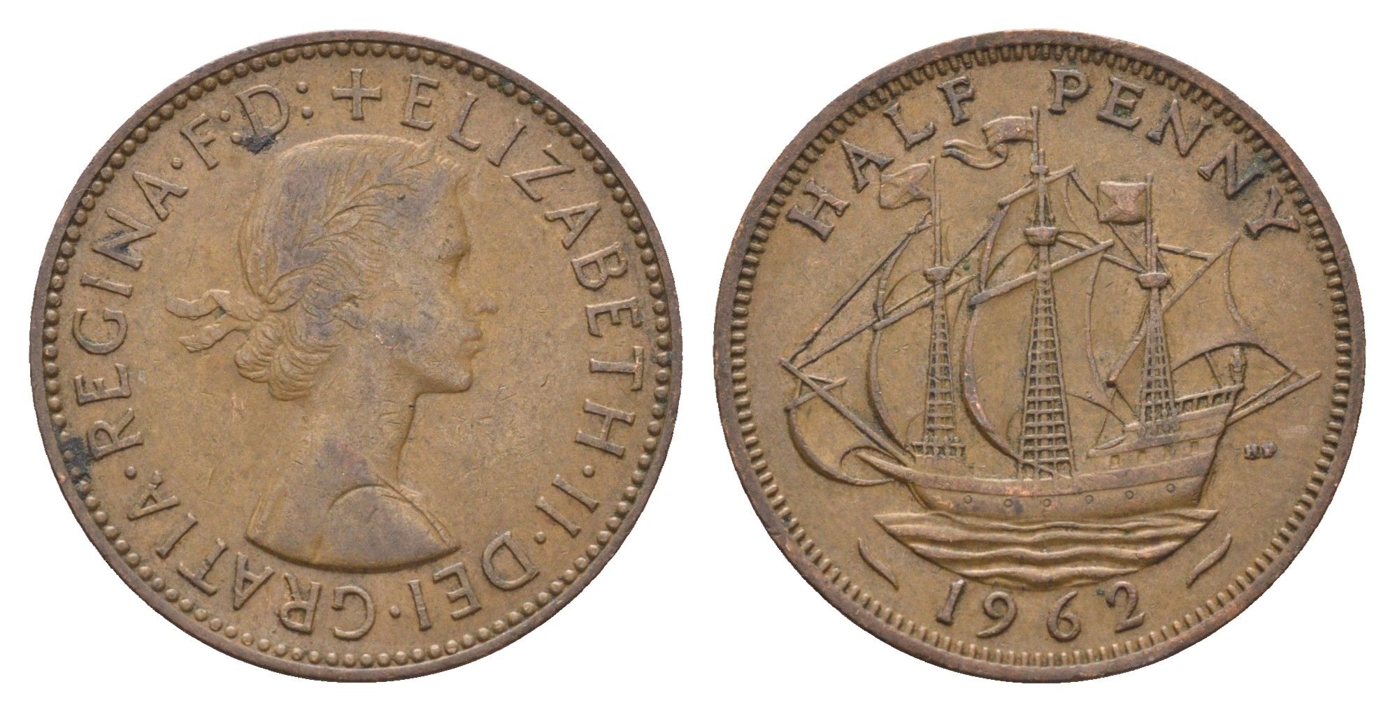 Великобритания 1/2 пенни 1962 Елизавета II (1952-2022) KM 896, Spink 4158 бронза 4662-1212