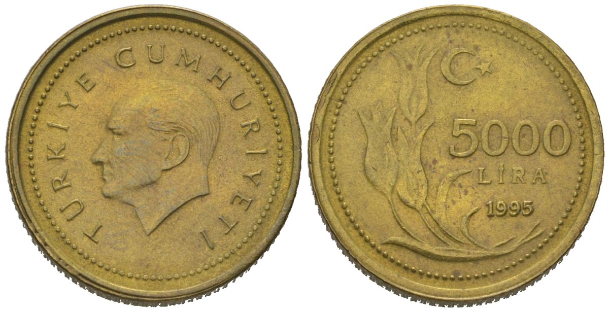 Турция 5000 лир 1995 KM 1029.1 латунь 4115-345