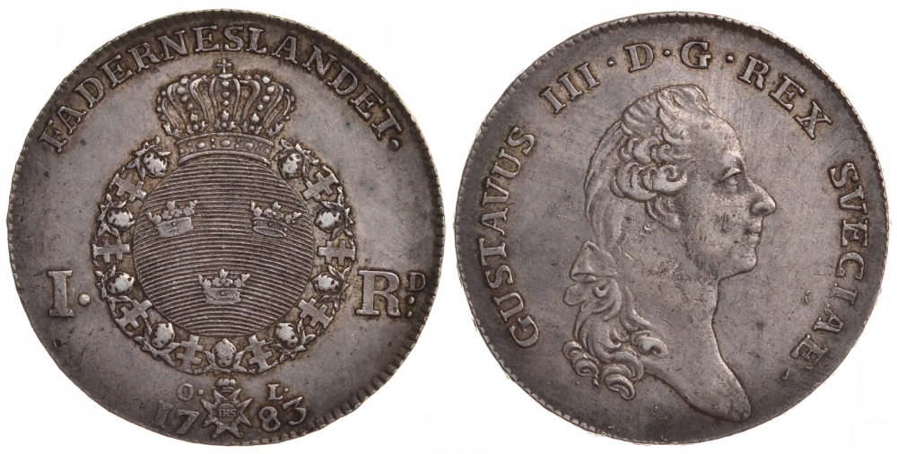 Швеция 1 риксдалер 1783 Густав III (1771-1792) KM 527, Ahlstroem 49; Dav. 1736 серебро 00-804-71