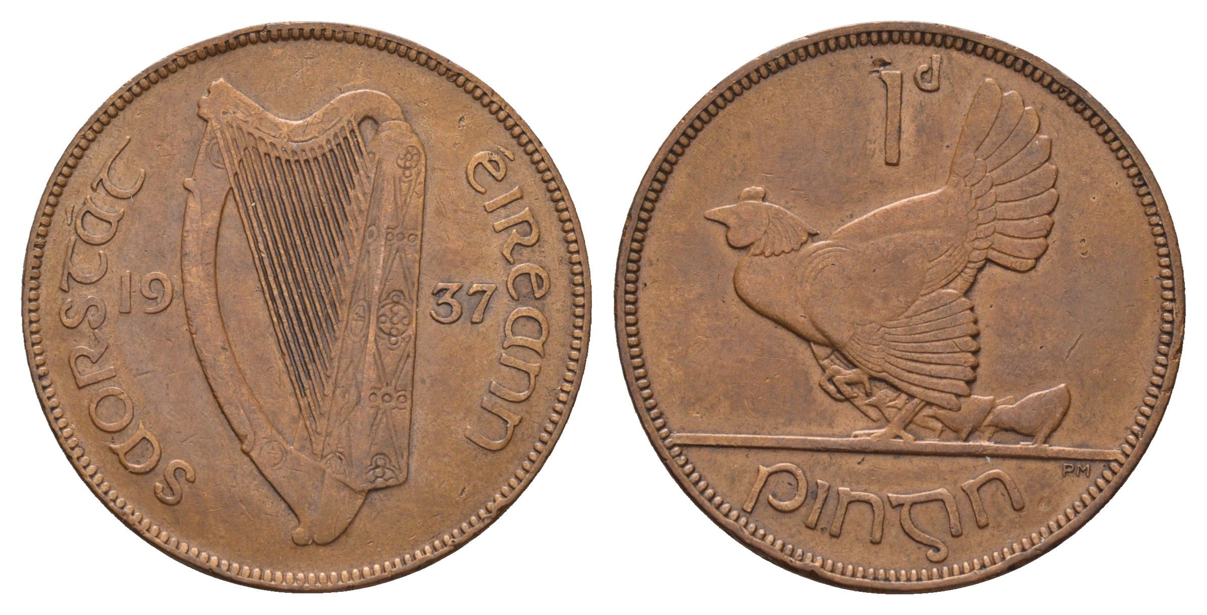 Ирландия 1 пенни 1937 курица с цыплятами KM 3 бронза 4672-523