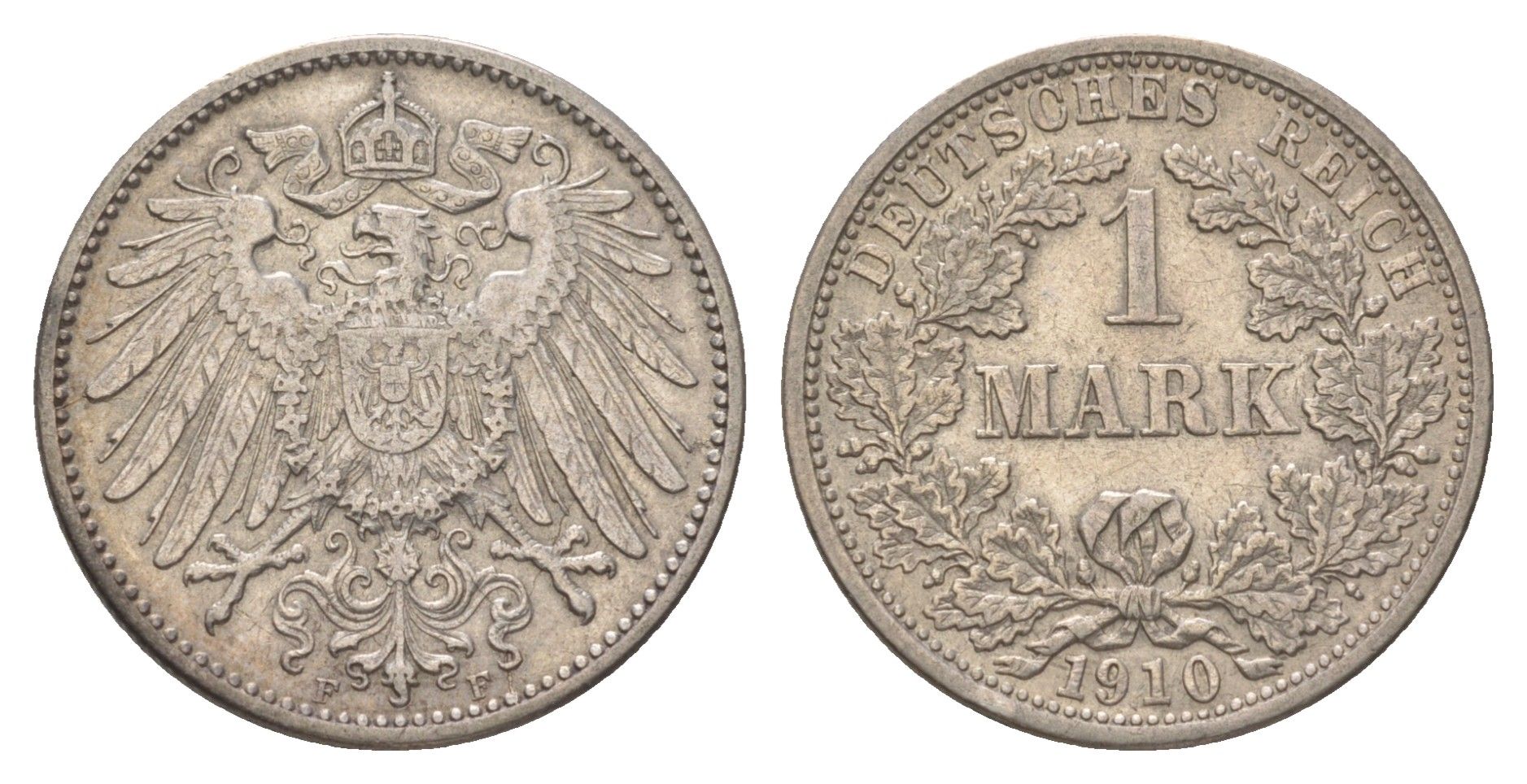 Германия 1 марка 1910 F, Вильгельм II (1888-1918) KM 14, J. 17 серебро 4626-221
