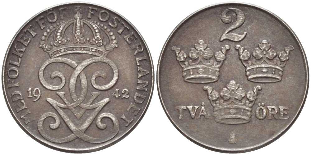 Швеция 2 эре 1942 Густав V (1907-1950), военный выпуск KM 811 железо 119-1021