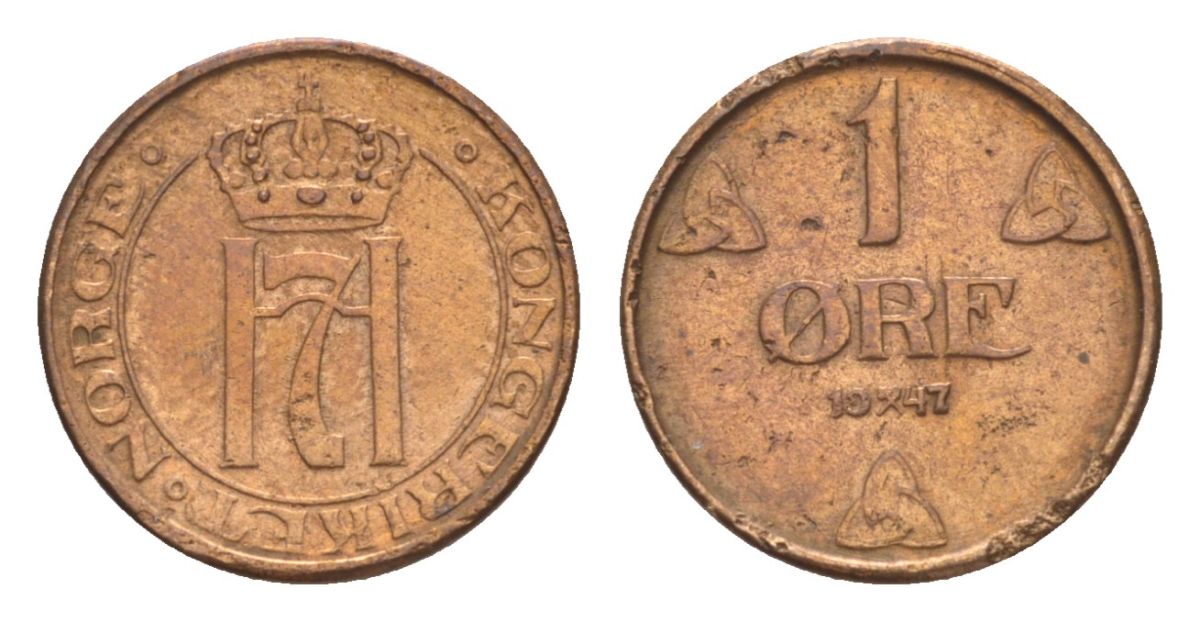 Норвегия 1 эре 1947 Хокон VII (1905-1957) KM 367 бронза 4632-1057