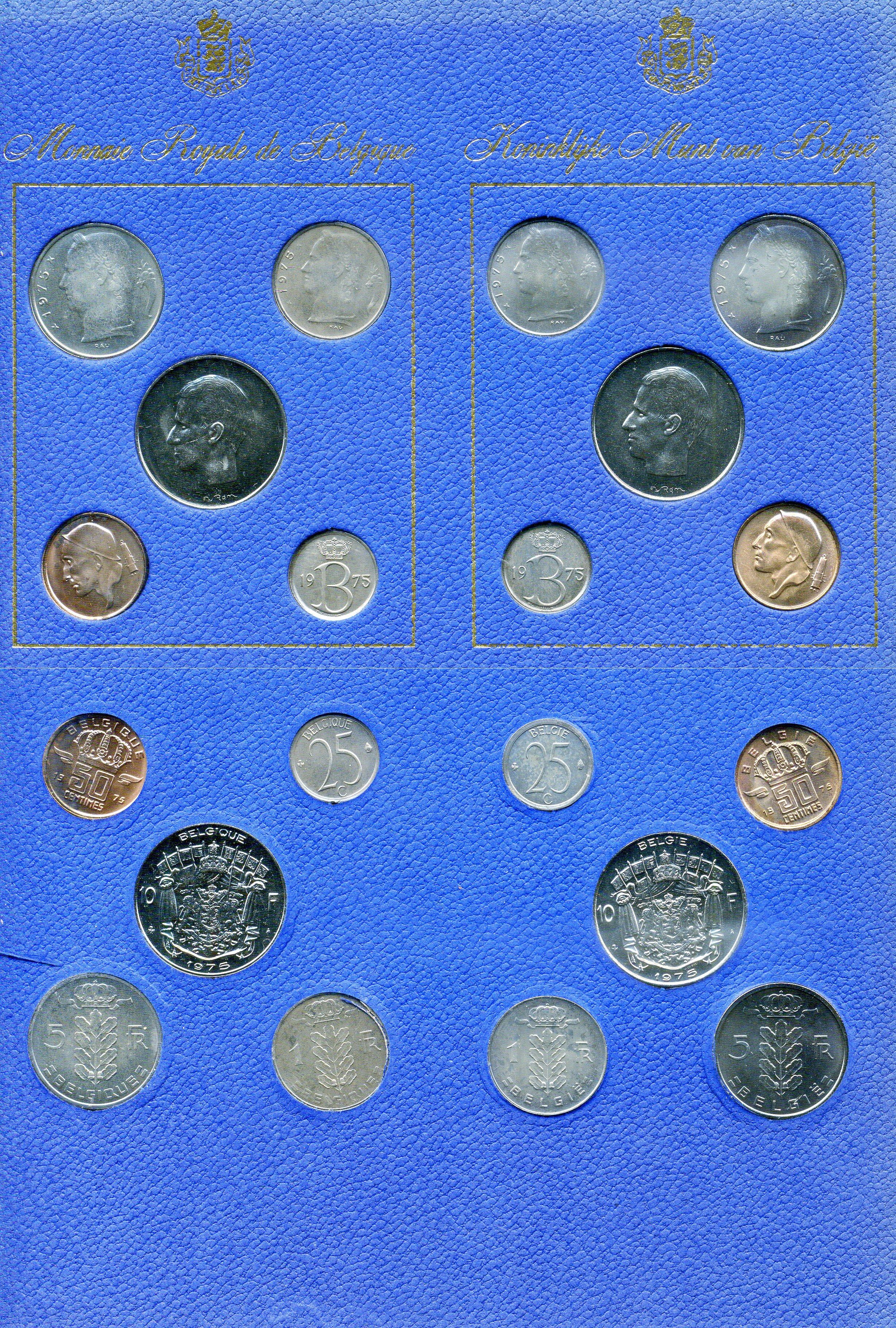 Бельгия набор из 10 монет (25 и 50 сантимов; 1, 5 и 10 франков) 1975 в оригинальном буклете KM SS11 (148, 149, 134, 135, 143, 144, 153, 154, 155 и 156) UNC 8-2-05-91