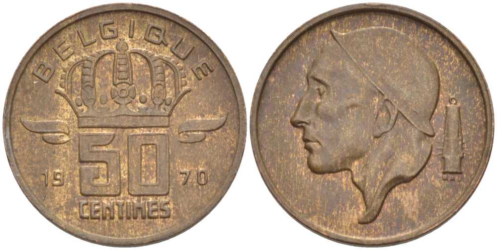 БЕЛЬГИЯ 50 САНТИМОВ 1970 BELGIQUE KM 148.1 бронза 96-1125