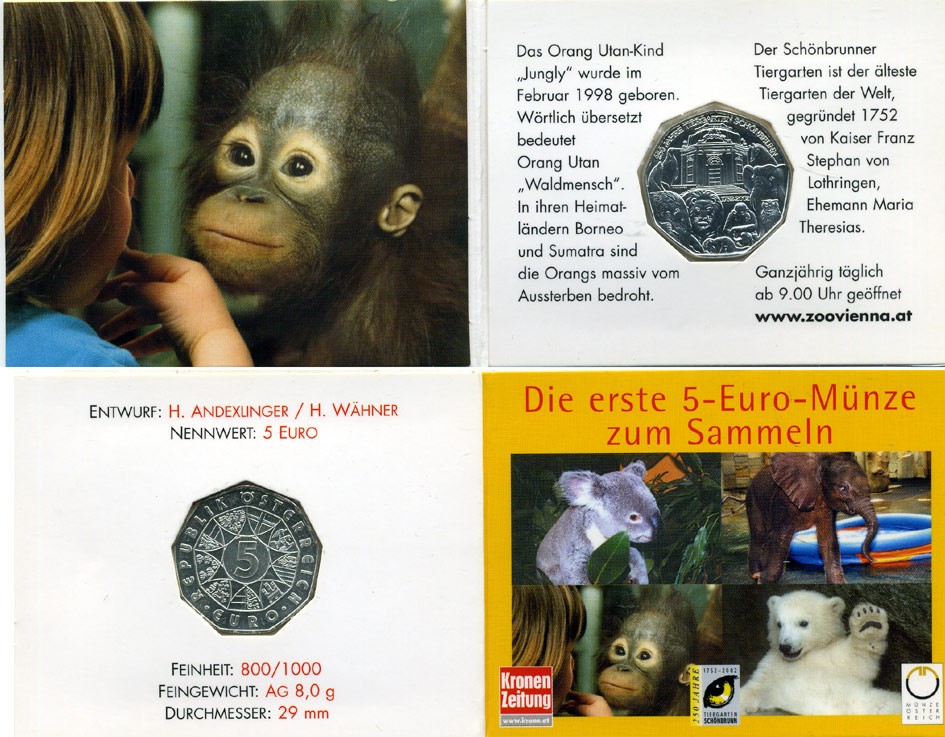 Австрия 5 евро 2002 250 лет Шенбруннскому зоопарку, в оригинальном буклете, орангутан KM 3091 серебро  UNC  7-5-6-41