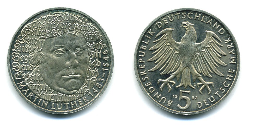 ФРГ 5 марок 1983 G, 500 лет со дня рождения Мартина Лютера J. 434, KM 159 медно-никель плакированный никелем плакированный никелем 37-1115