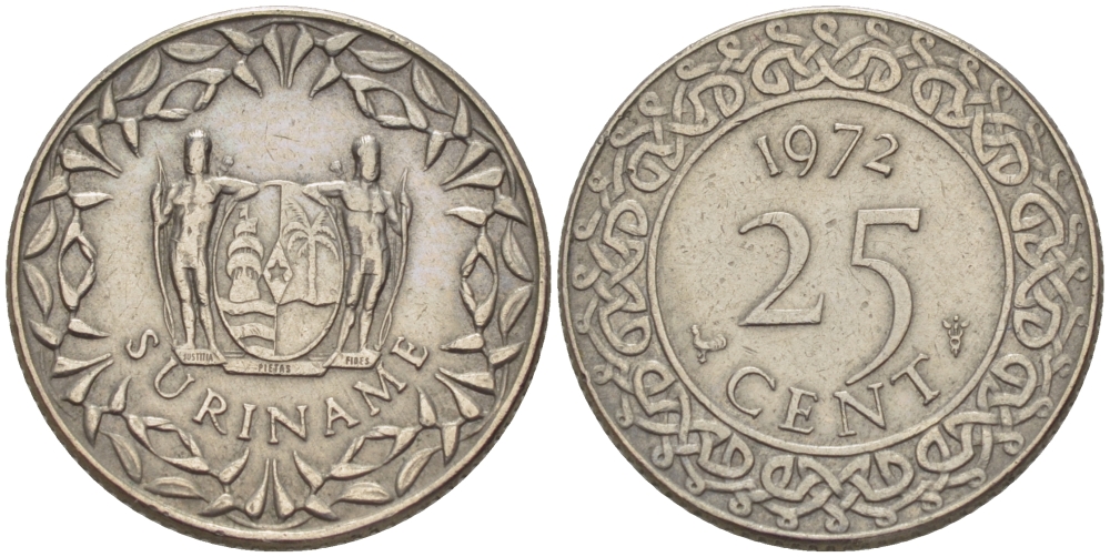 Суринам 25 центов 1972 KM 14 медно-никель 66-341