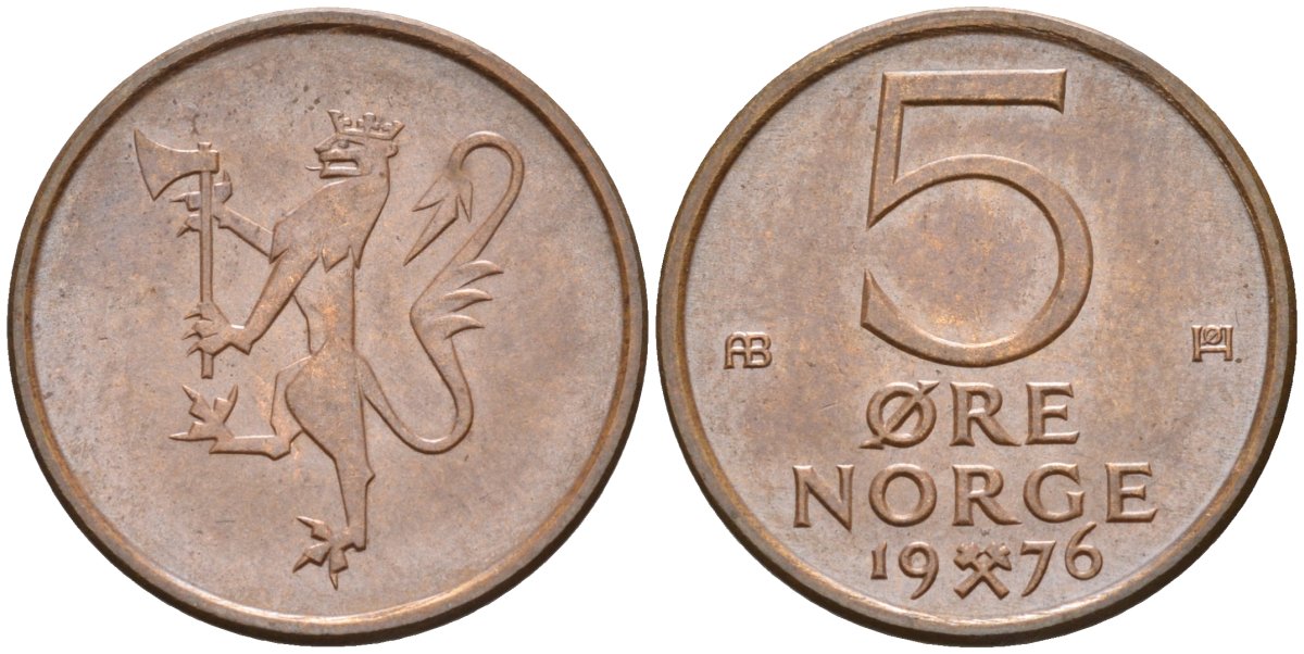 Норвегия 5 эре 1976 Улаф V (1958-1991) KM 415 бронза UNC 4582-543